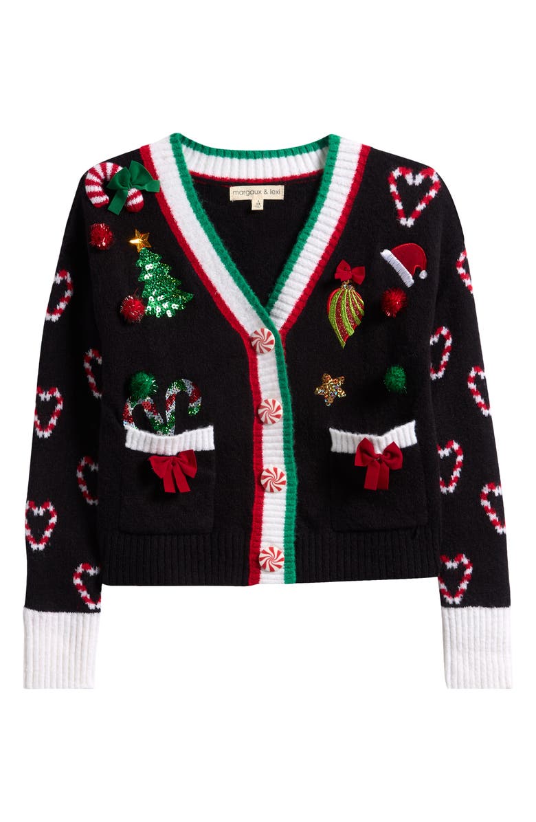 MARGAUX AND LEXI Kids' Christmas Patch Pocket Cardigan, Main, color, Black