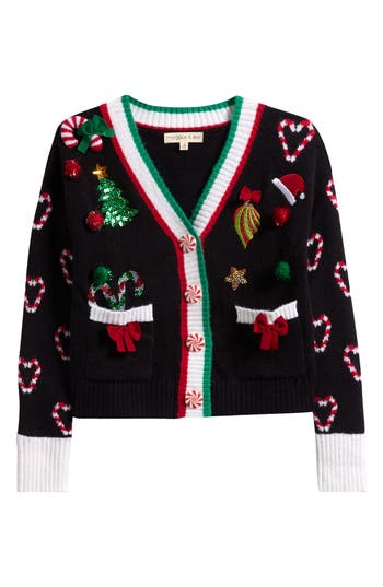 Margaux And Lexi Kids' Christmas Patch Pocket Cardigan In Black