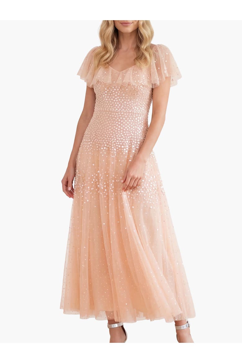 Sunrise Sequin V-neck Ankle Gown, Main, color, Apricot Blush
