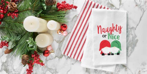 C & F Home C&f Home "naughty Or Nice" Gnomes Embroidered Kitchen Towel In White
