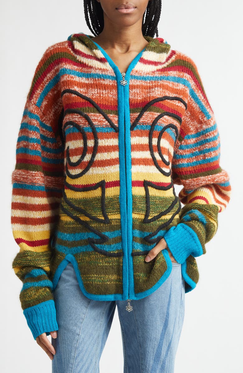 Paolina Russo Stripe Hooded Alpaca & Merino Wool Blend Fulll Zip Sweater, Main, color, Rainbow