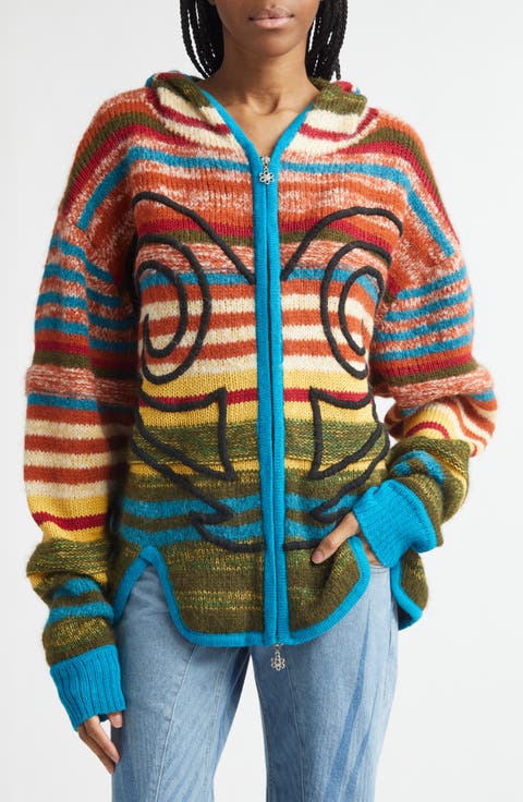 Stripe Hooded Alpaca 
Merino Wool Blend Fulll Zip Sweater