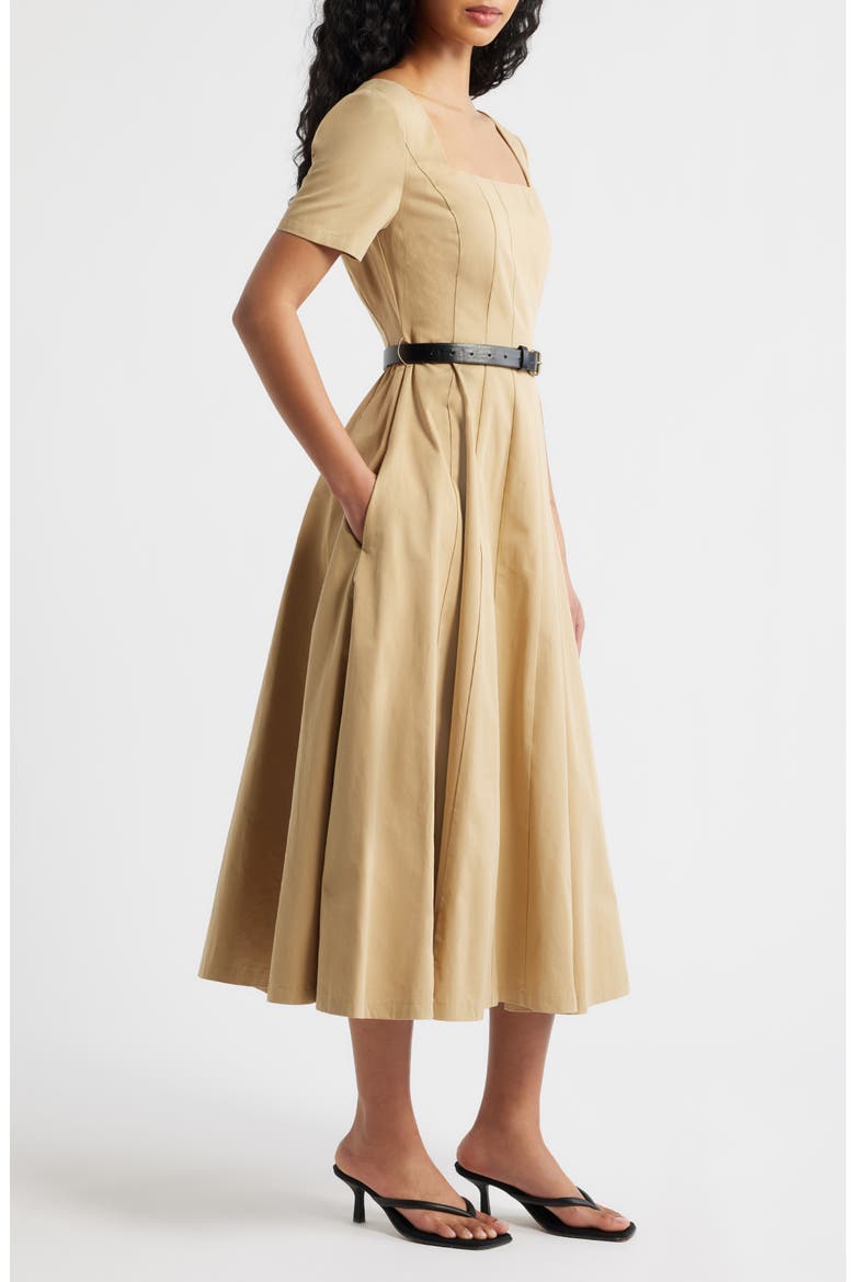 Belted Pleated Cotton Midi Dress, Alternate, color, BEIGE