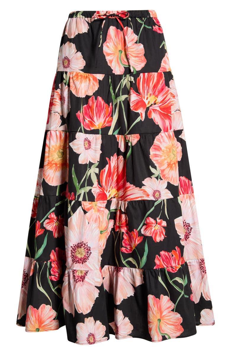 WAYF Marigold Tiered Midi Skirt, Main, color, Black Poppies