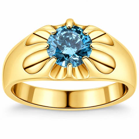 2Ct Blue Diamond Men's Belcher Solitaire Ring Gold High Polished Lab Grown