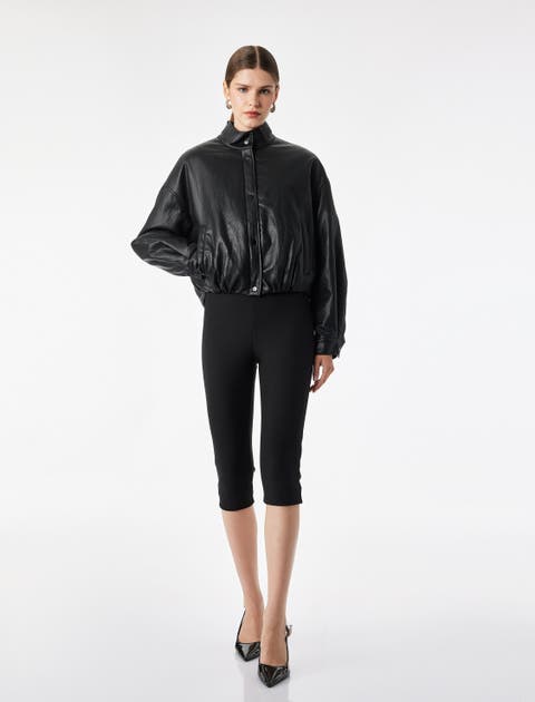 Funnel Neck Faux Leather Crop Bomber Jacket