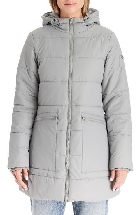 Womens Lightweight Gray Quilted Coat Long Insulated Athletic
