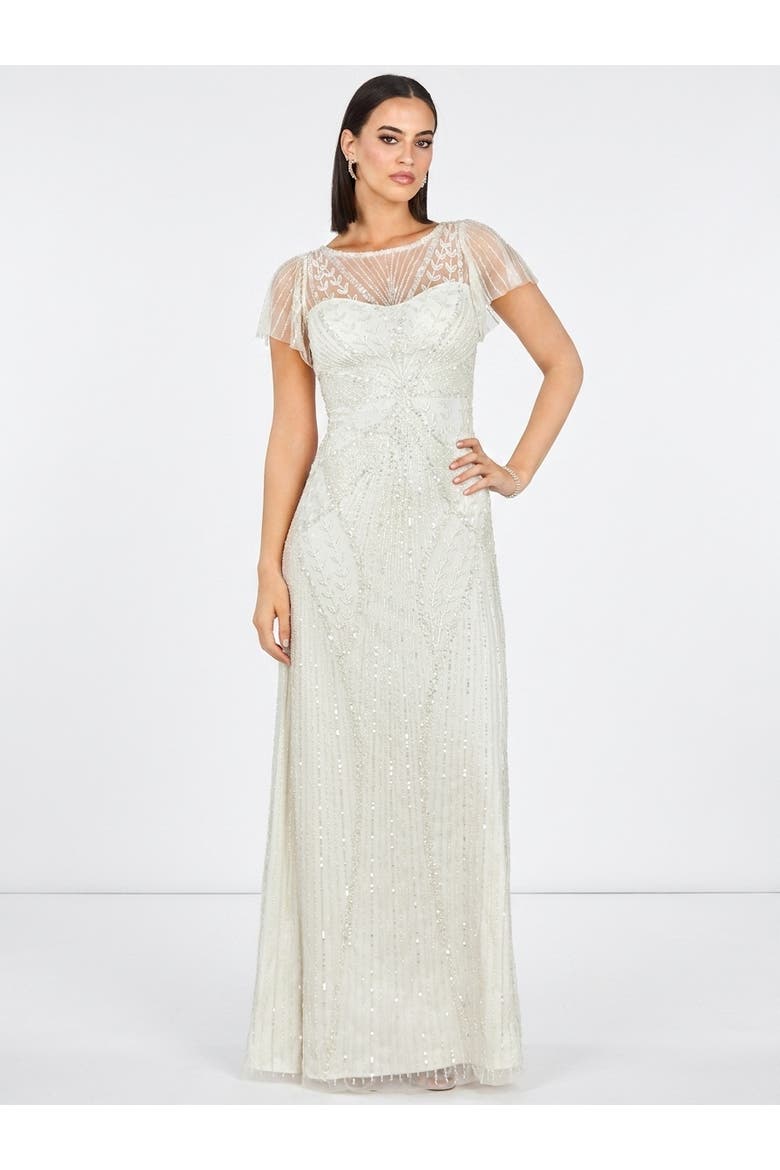 Beaded Faux-Wrap V-Neck Bridal Gown, Main, color, Ivory