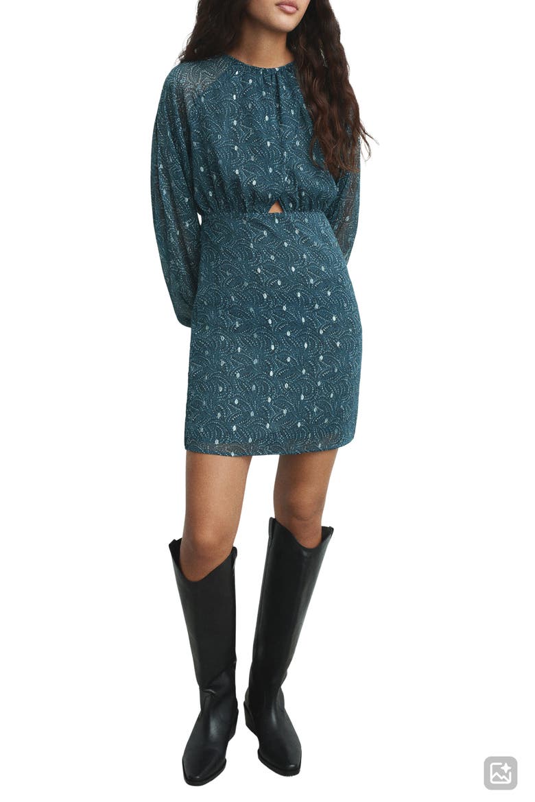 Cutout Long Sleeve Clip Dot Chiffon Dress, Main, color, PETROL BLUE