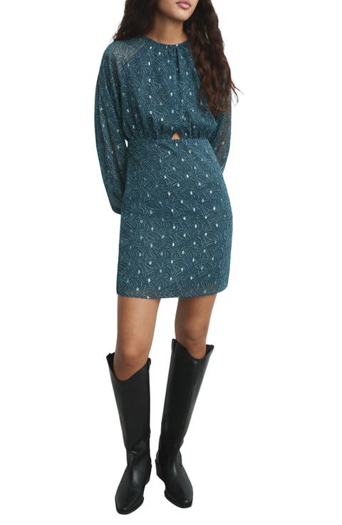 Cutout Long Sleeve Clip Dot Chiffon Dress