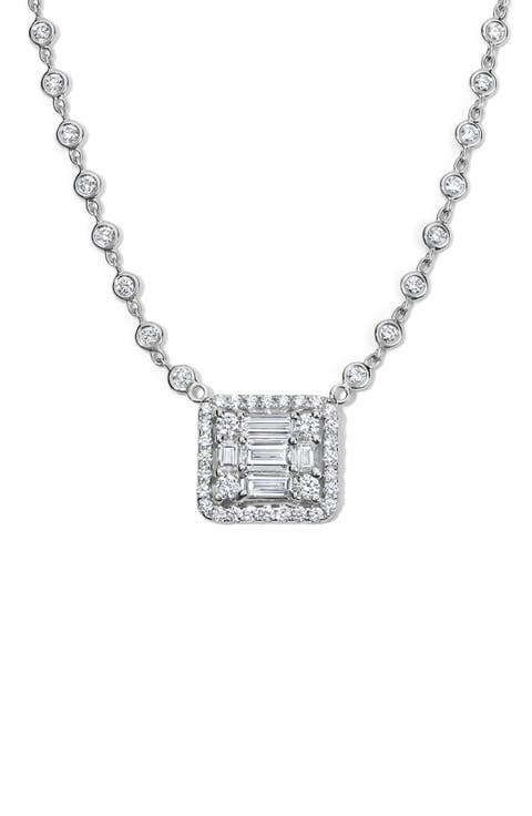 Clarity³ All Diamond Halo Cube 18K White Gold Pendant Necklace