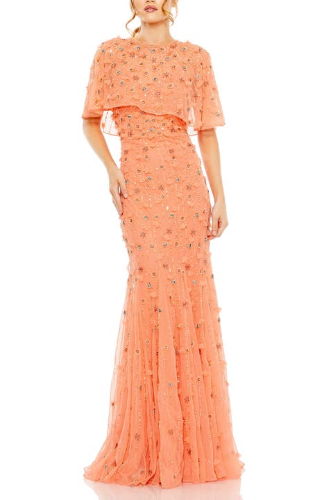 Women's Embellished Illusion Cape Sleeve Trumpet Gown