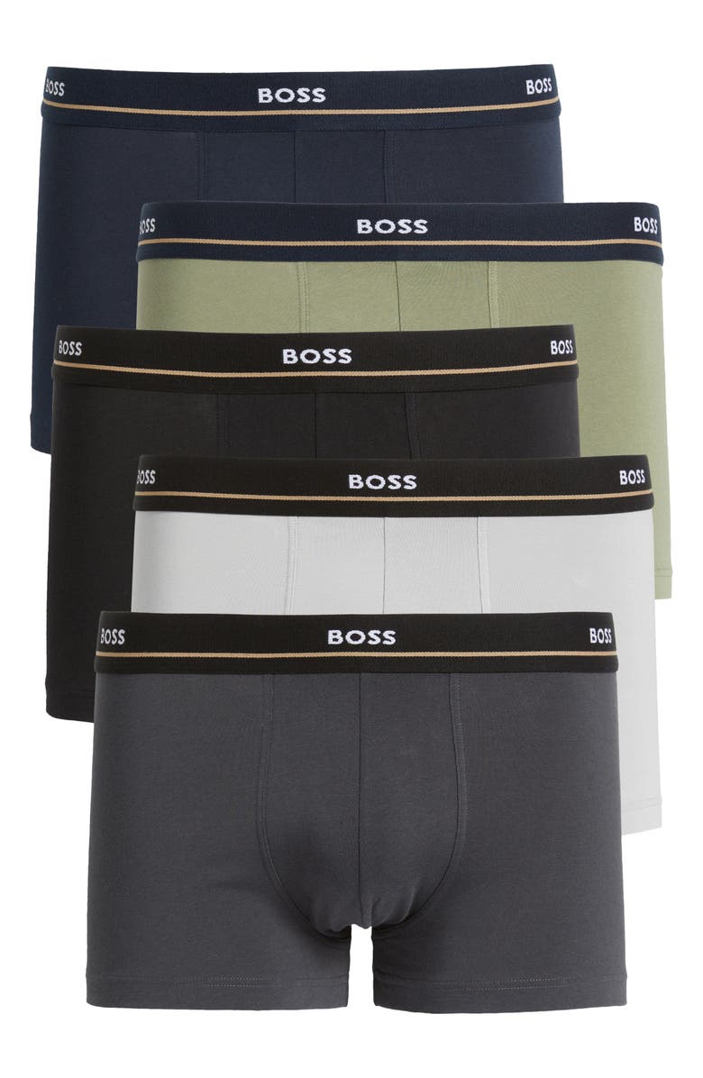 BOSS 5-Pack Essential Stretch Cotton Trunks, Alternate, color, Grey/ Black/ Blue/ Green Asst.