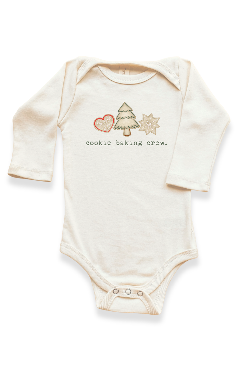 Tenth & Pine Cookie Baking Crew - Organic Long Sleeve Baby Bodysuit, Main, color, Natural Olive Lettering