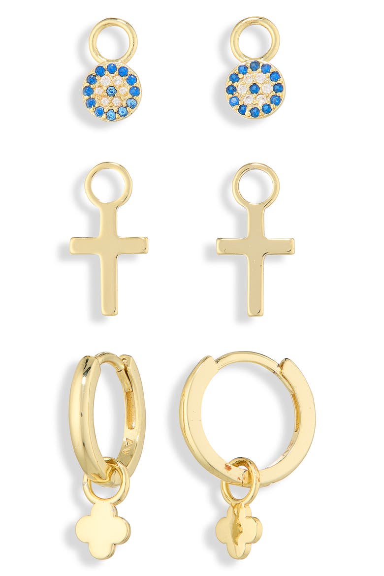 Set of 3 Cross & Evil Eye Charm Earrings, Alternate, color, GOLD