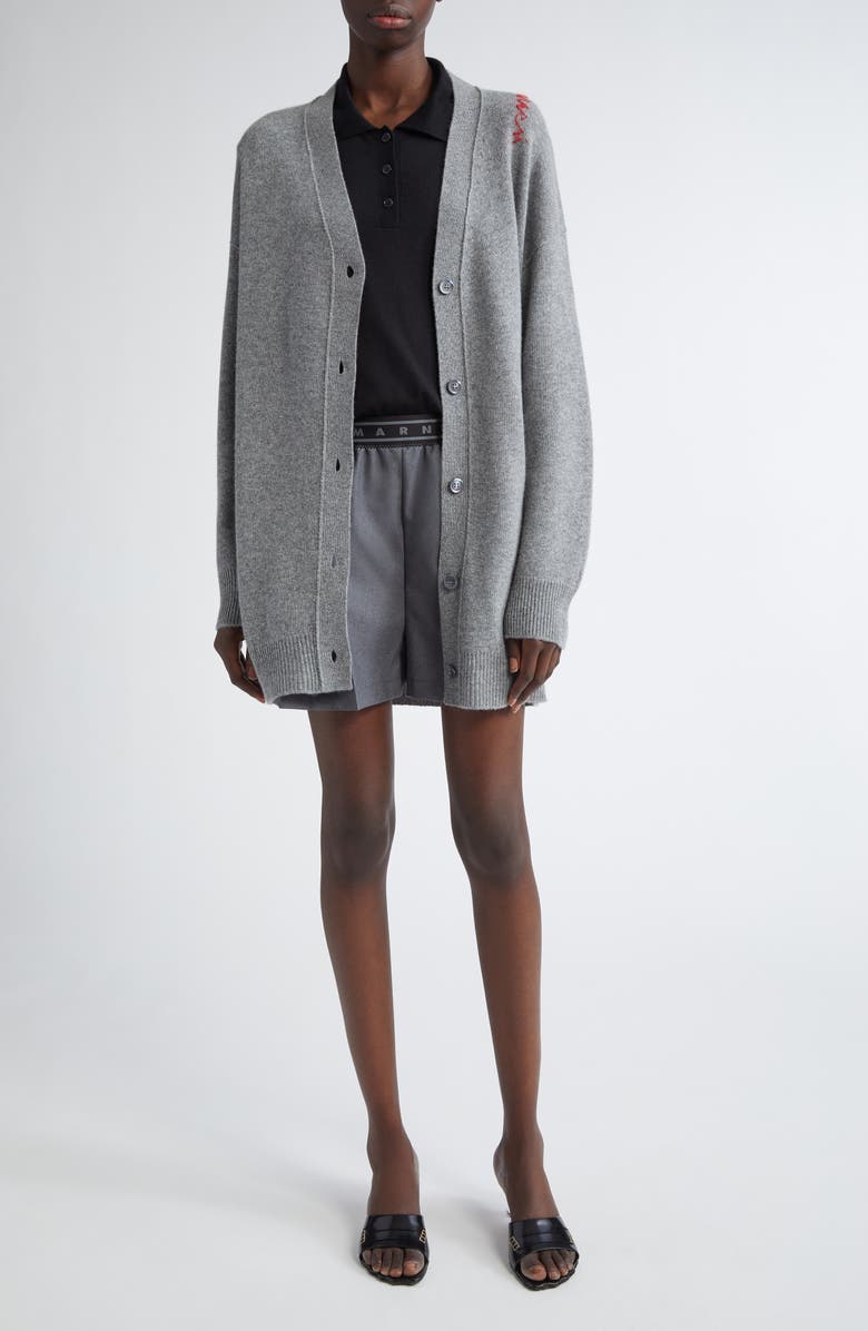 Marni Logo Elastic Waist Pleated Virgin Wool Shorts, Alternate, color, 