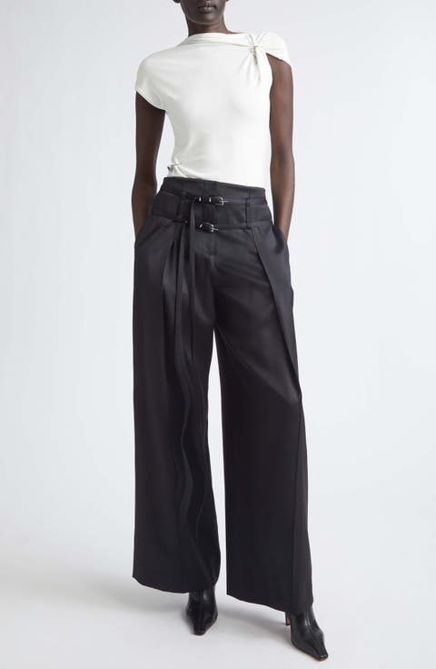 Relics Belted Wool Blend Satin Wide Leg Pants