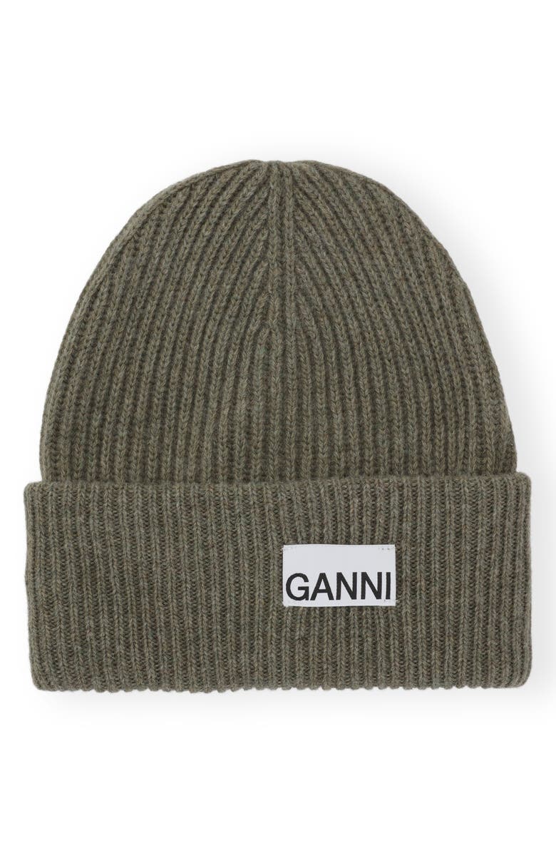 Ganni Structured Wool Blend Rib Beanie, Main, color, 