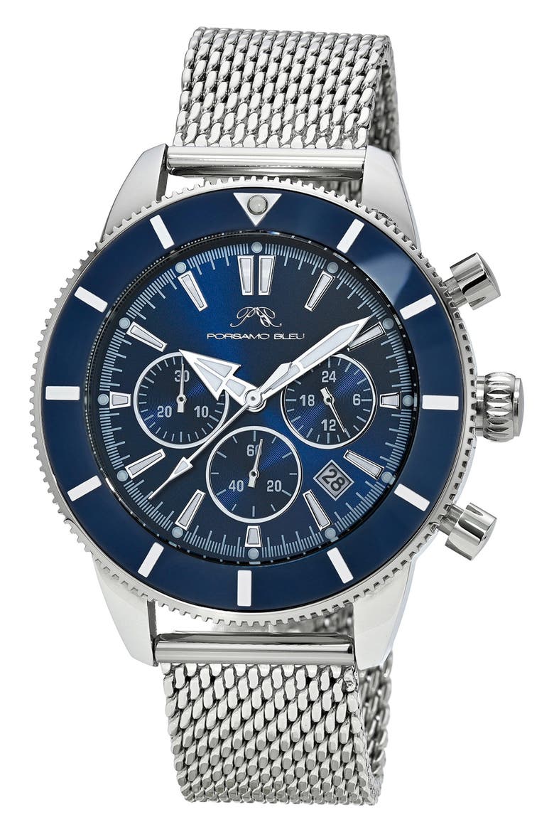 Brandon Chronograph Mesh Strap Watch, 44mm, Main, color, SILVER/BLUE
