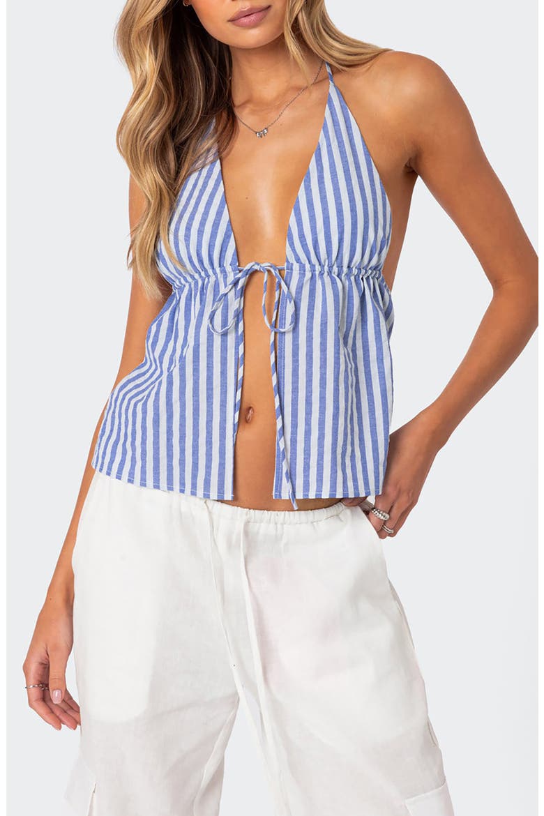 Madelyn Stripe Tie Front Cotton Halter Top, Main, color, BLUE-AND-WHITE