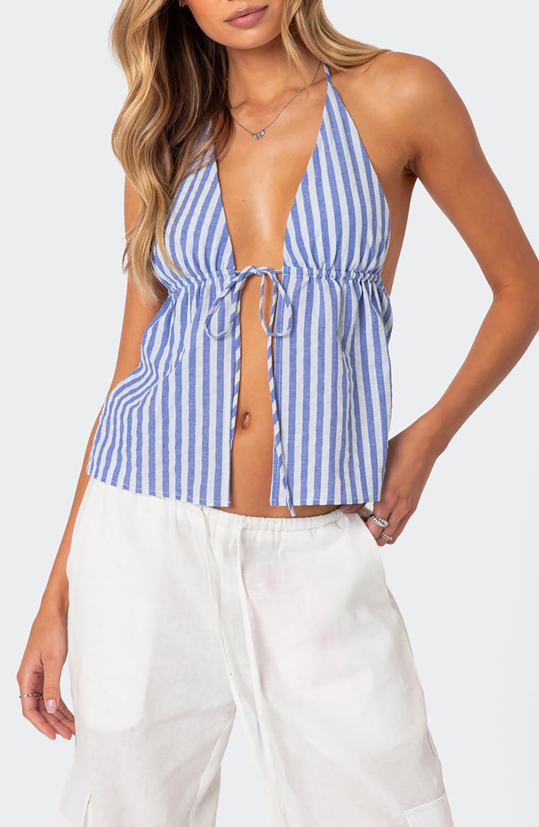 EDIKTED Madelyn Stripe Tie Front Cotton Halter Top, Main, color, Blue-And-White
