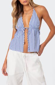 EDIKTED Madelyn Stripe Tie Front Cotton Halter Top