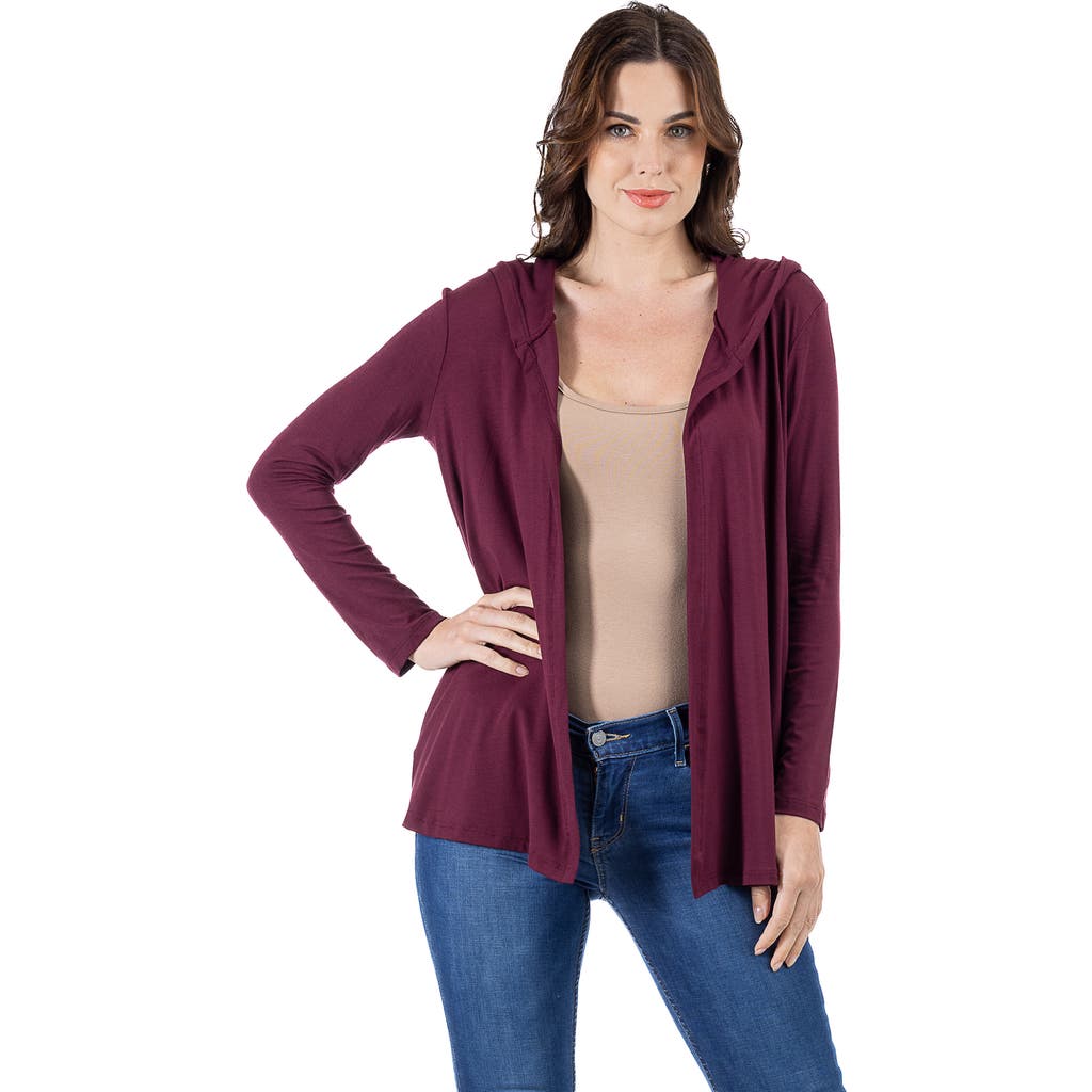 24seven Comfort Apparel Open Front Lightweight Hooded Cardigan In Burgundy