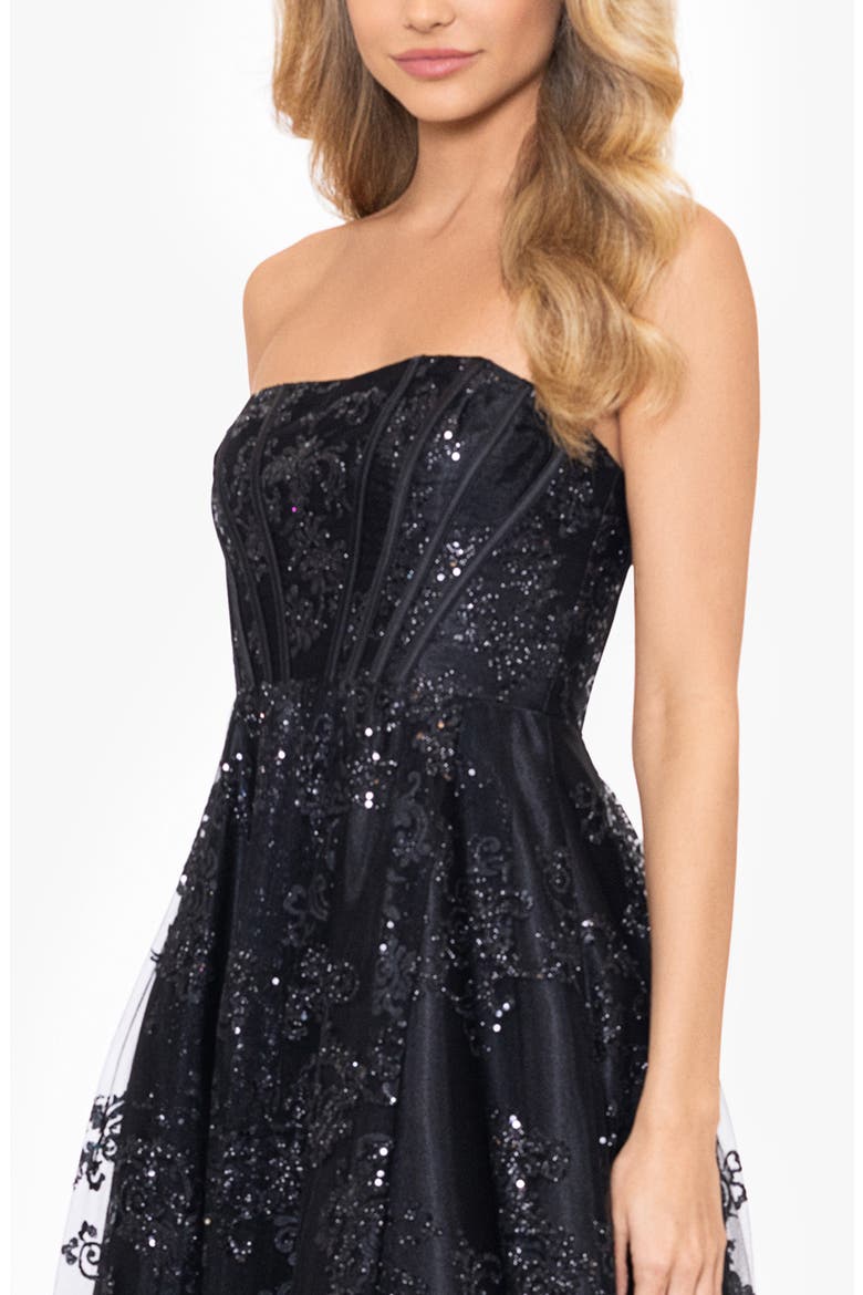 Glitter Mesh Corset Strapless A-Line Gown, Alternate, color, BLACK