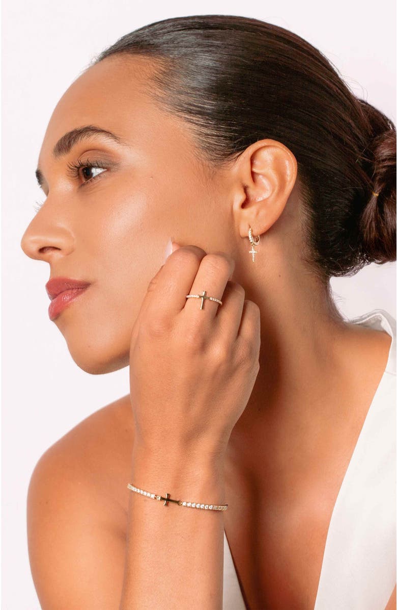 Rizen Jewelry Luminous Pavé Cross Huggie Hoop Earrings, Alternate, color, Sterling Silver