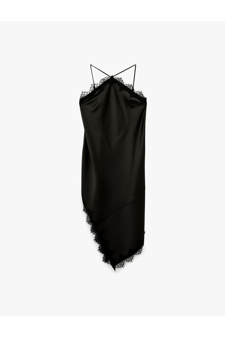 Asymmetric Lace Trim Satin Slip Dress, Alternate, color, BLACK