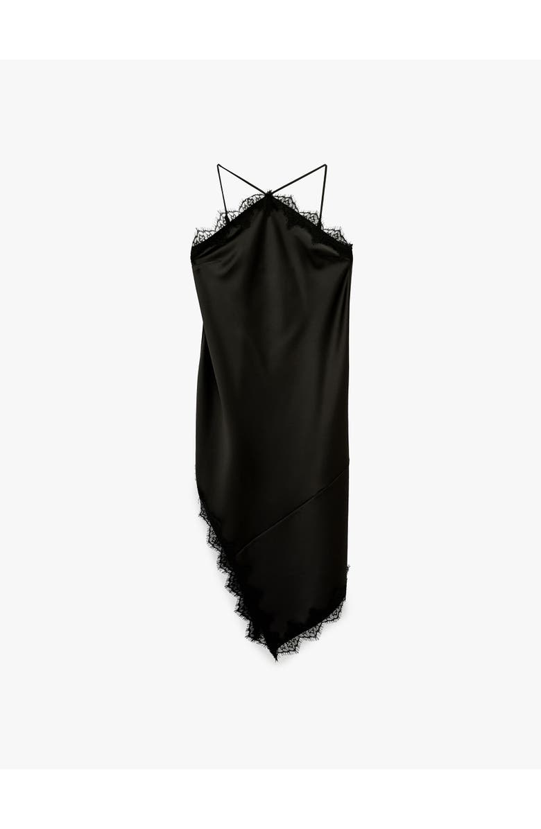 ZDNU 81041892 Asymmetric Lace Trim Satin Slip Dress, Alternate, color, Black