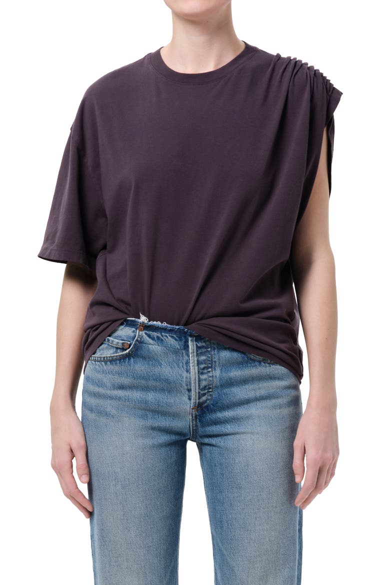 Roma Ruched Sleeve Organic Cotton T-Shirt, Main, color, CHARCOAL PURPLE