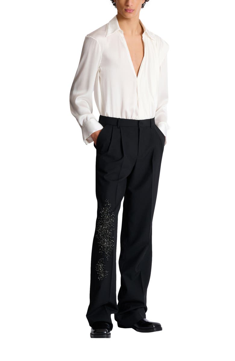 Balmain Pleated wool trousers with "Sand Effect" embroidery, Main, color, Black