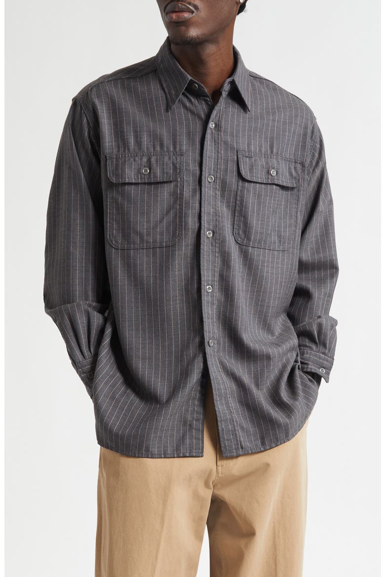 Work Uniform Pinstripe Serge Button-Up Shirt, Main, color, GREY