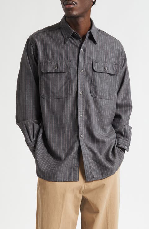 Work Uniform Pinstripe Serge Button-Up Shirt
