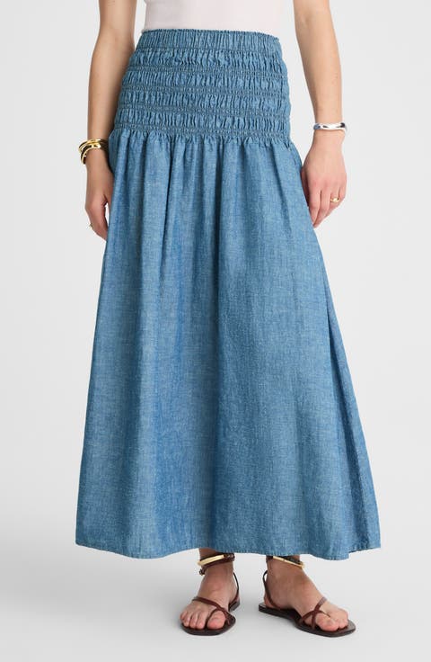 Smocked Denim Maxi Skirt
