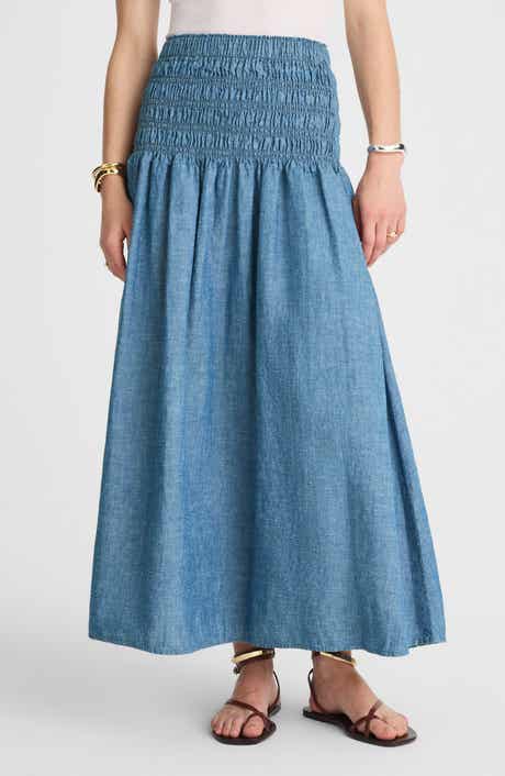Smocked Denim Maxi Skirt