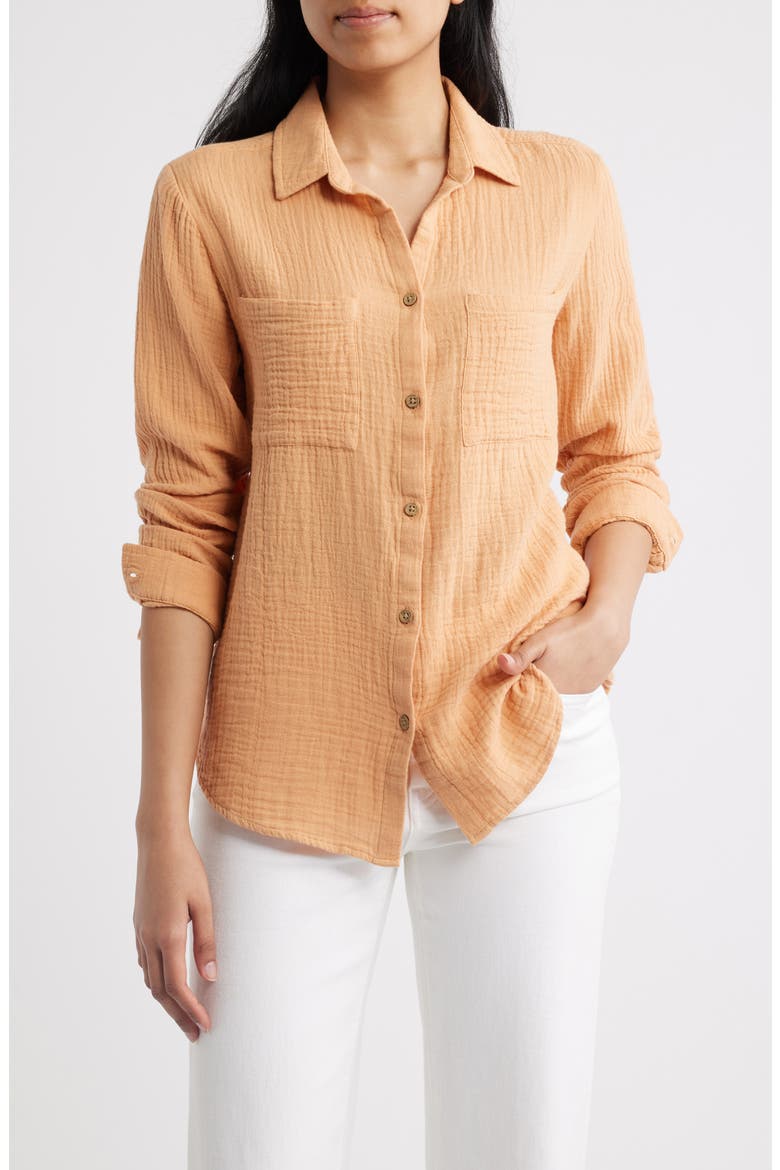 Micaela Cotton Button-Up Shirt, Main, color, CARAMEL