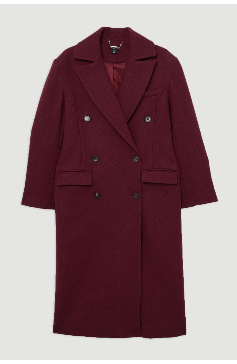 Karen Millen Wool Double Breasted Tailored Midi Coat, Alternate, color, Burgundy