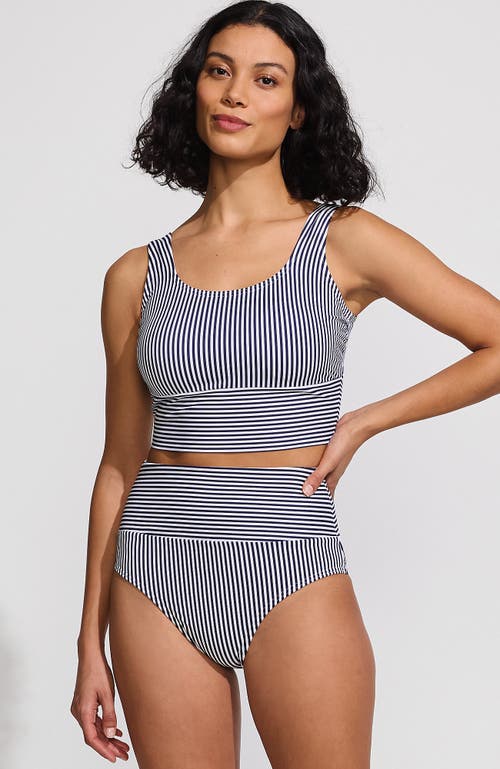 Lands' End Tugless Tankini Top And High Waisted Bottom Swimsuit Set In Deep Sea Navy Mini Stripe