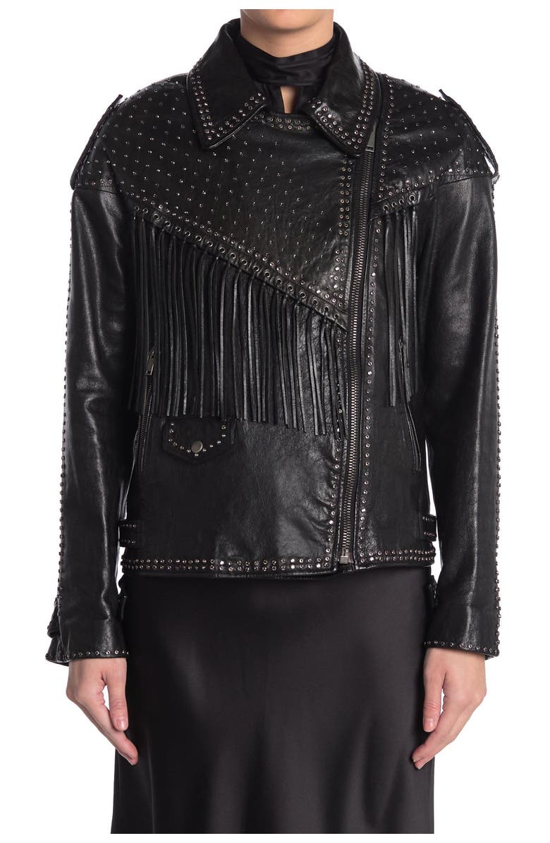 Valentino Studded Fringe Leather Moto Jacket, Alternate, color,