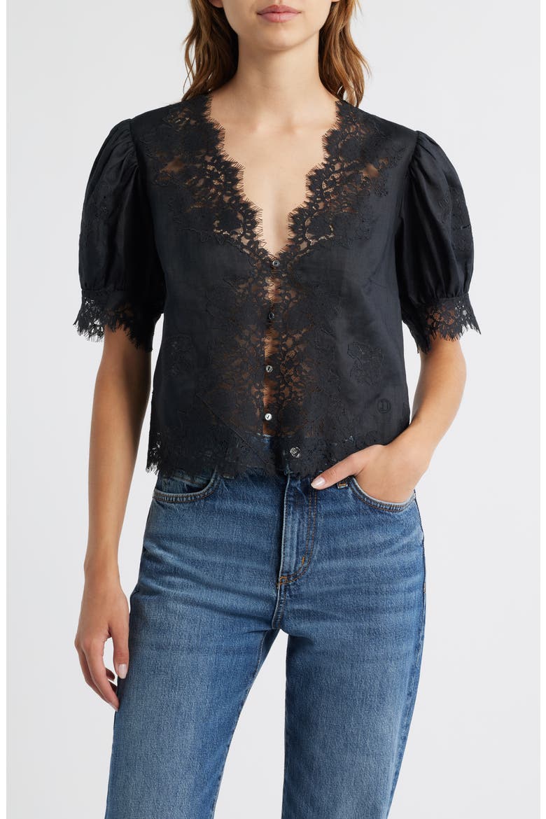Idella Lace Trim Ramie Top, Main, color, BLACK