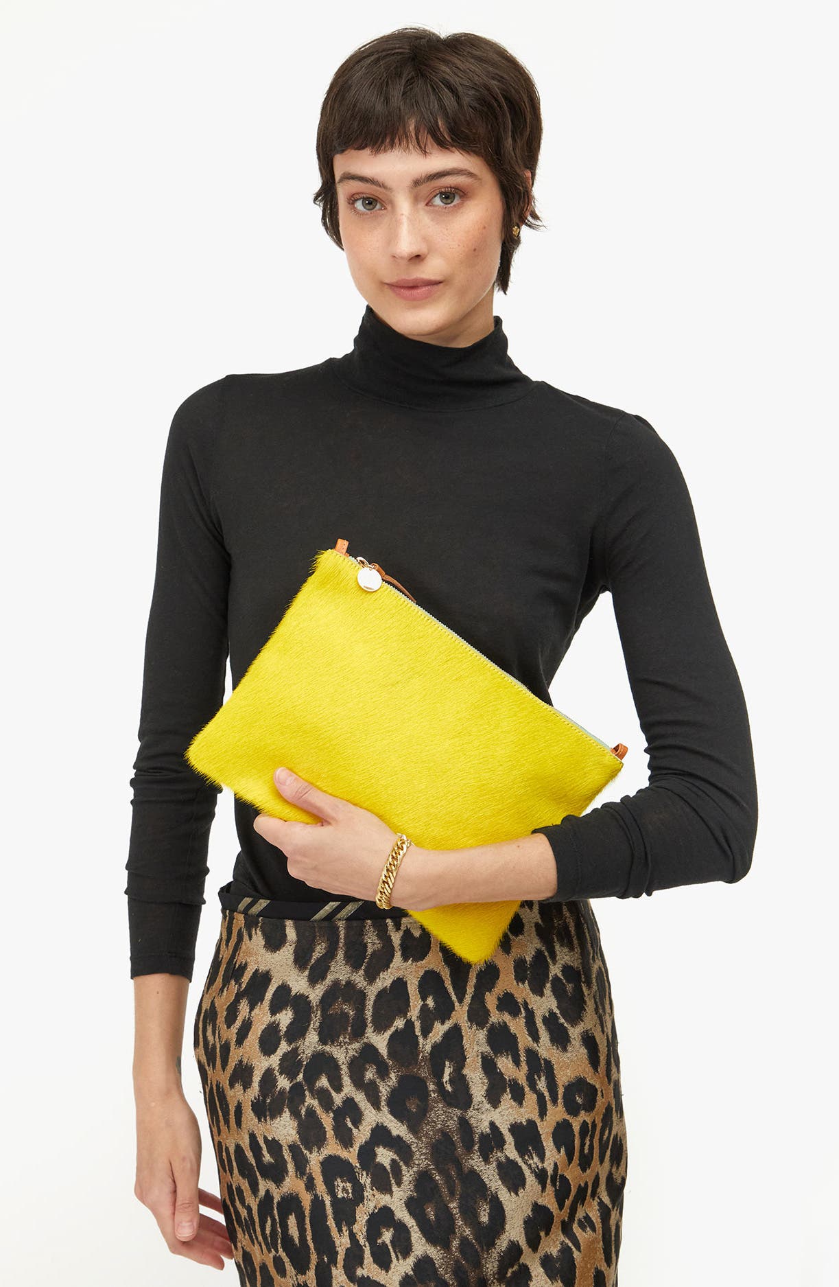 Clare V. Genuine Calf Hair Flat Clutch with Tabs, Alternate, color, Citron