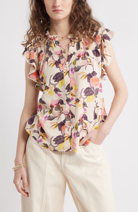 Smocked Yoke Linen Blend Shirt