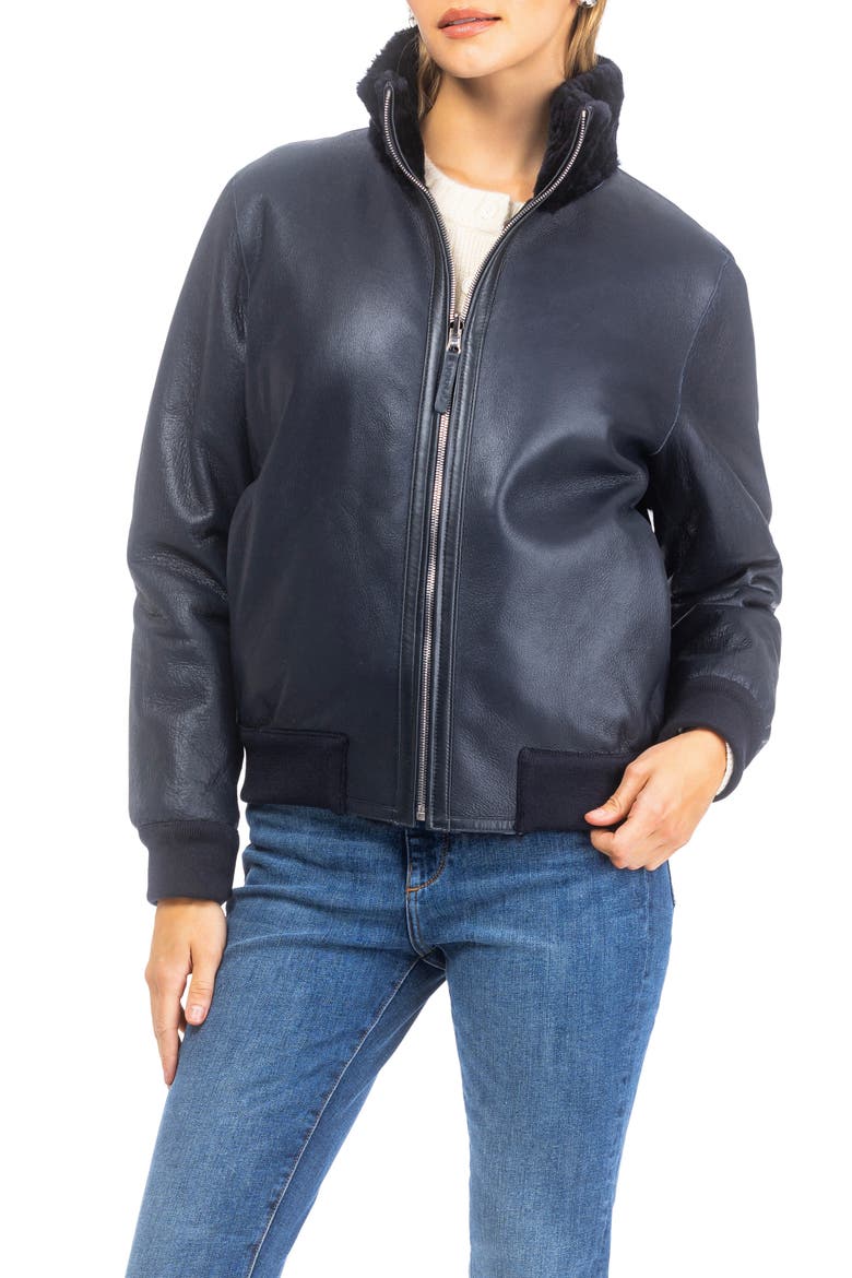 Reversible Grooved Genuine Shearling Insignia Bomber Jacket, Alternate, color, Navy/Black