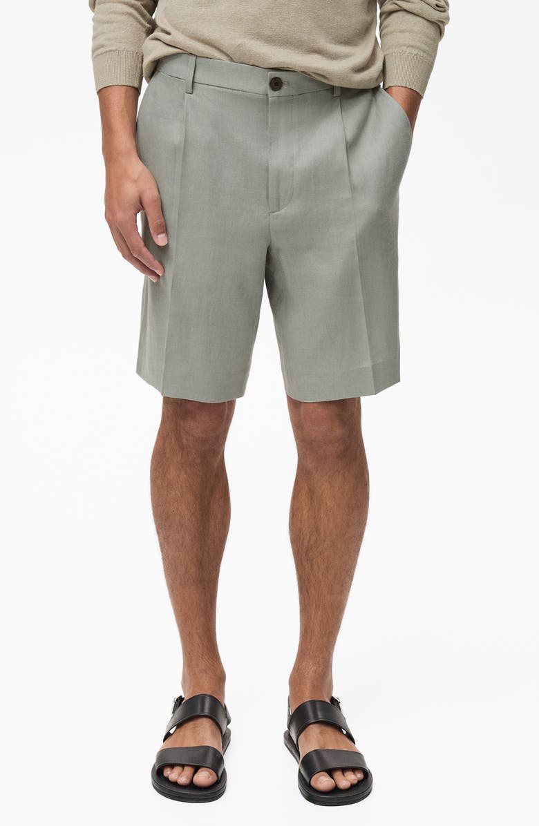 MANGO Pleated Linen Bermuda Shorts, Main, color, Aqua Green