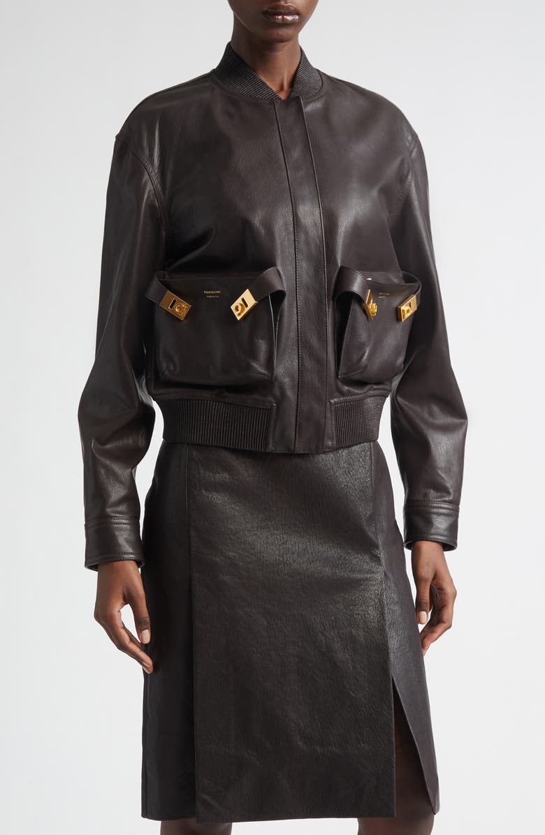 FERRAGAMO Hug Buckle Leather Bomber Jacket, Main, color, Expresso