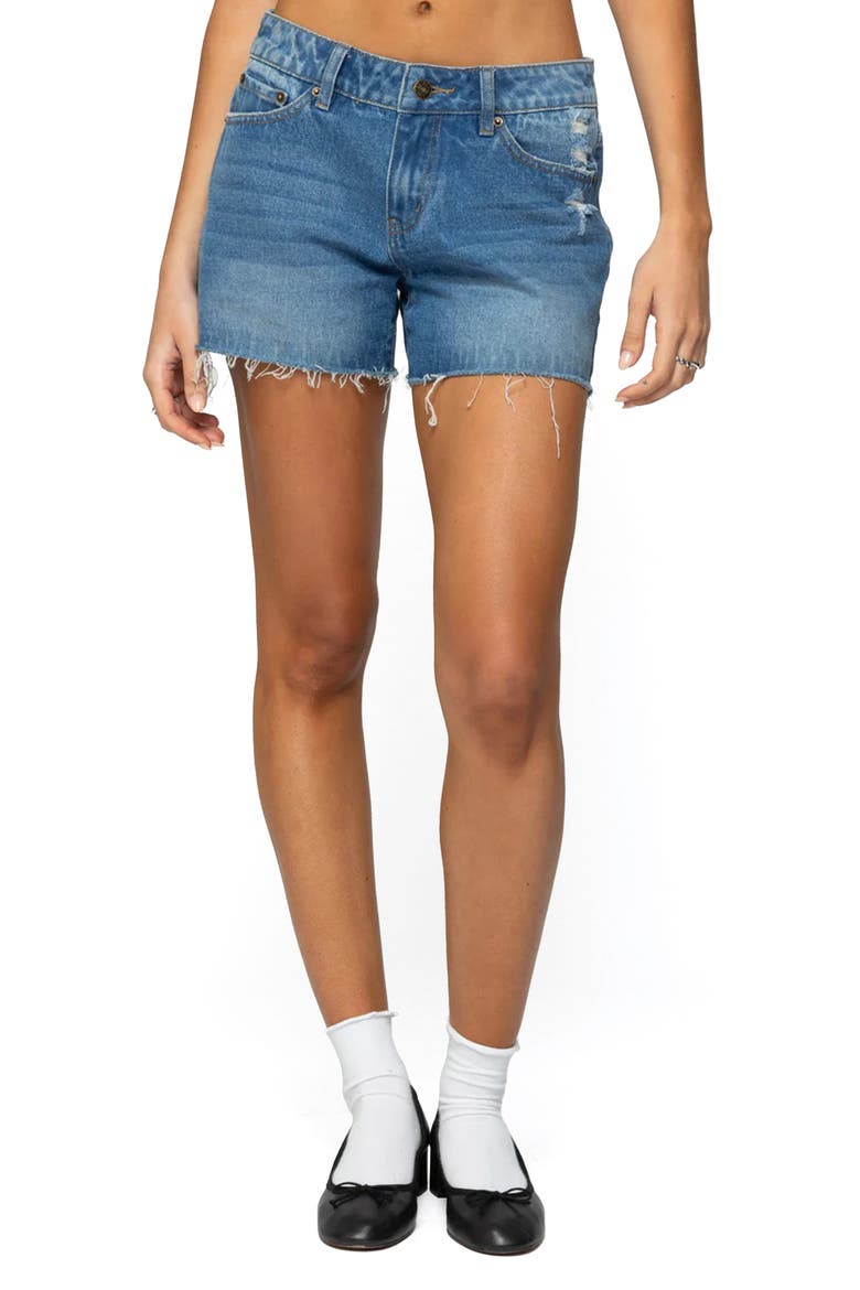 Scottie Raw Hem Low Rise Denim Shorts, Main, color, BLUE
