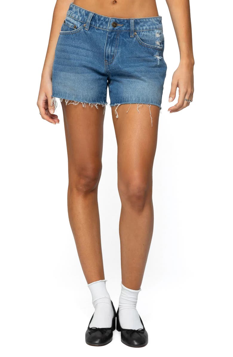 EDIKTED Scottie Raw Hem Low Rise Denim Shorts, Main, color, Blue