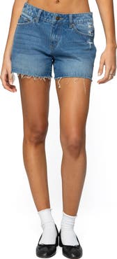 EDIKTED Scottie Raw Hem Low Rise Denim Shorts